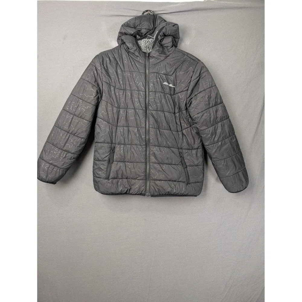 Eddie Bauer Kids Reversible Puffer Jacket Gray Faux Fur Hooded M 10/12 9320W566